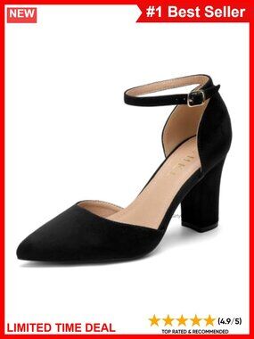 Pointed Toe Block Heel Pumps with Ankle Strap Faux Suede Comfortable